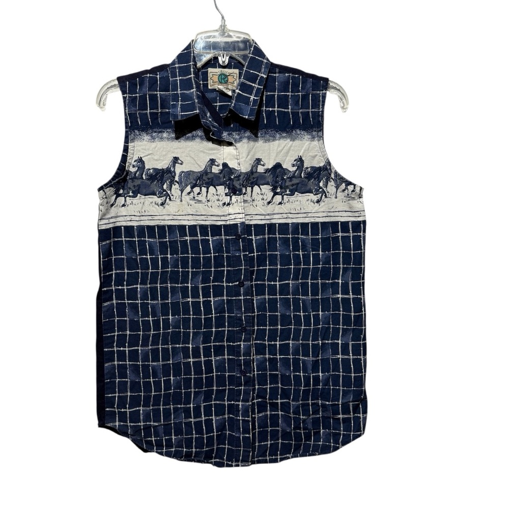 Women Western horse print Sleeveless 70's blue, white Shirt Large